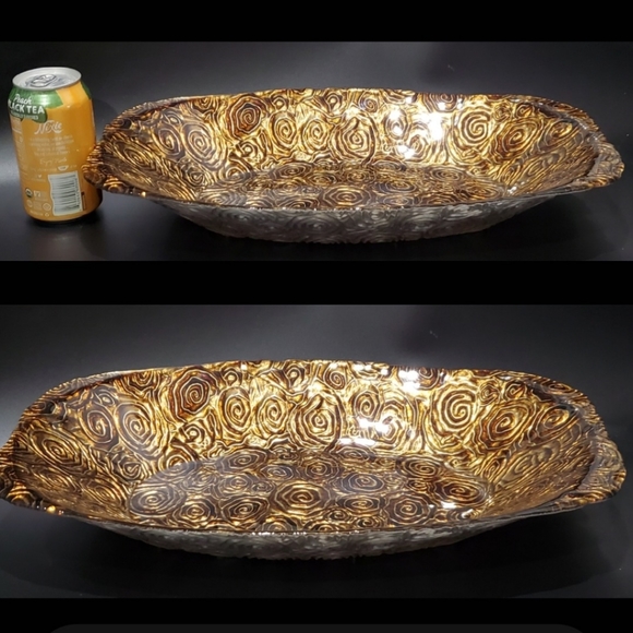 17 1/2" x 10" Glass Copper Bronze Brown Art Glass Decor Bowl with Silver Bottom - Picture 11 of 16